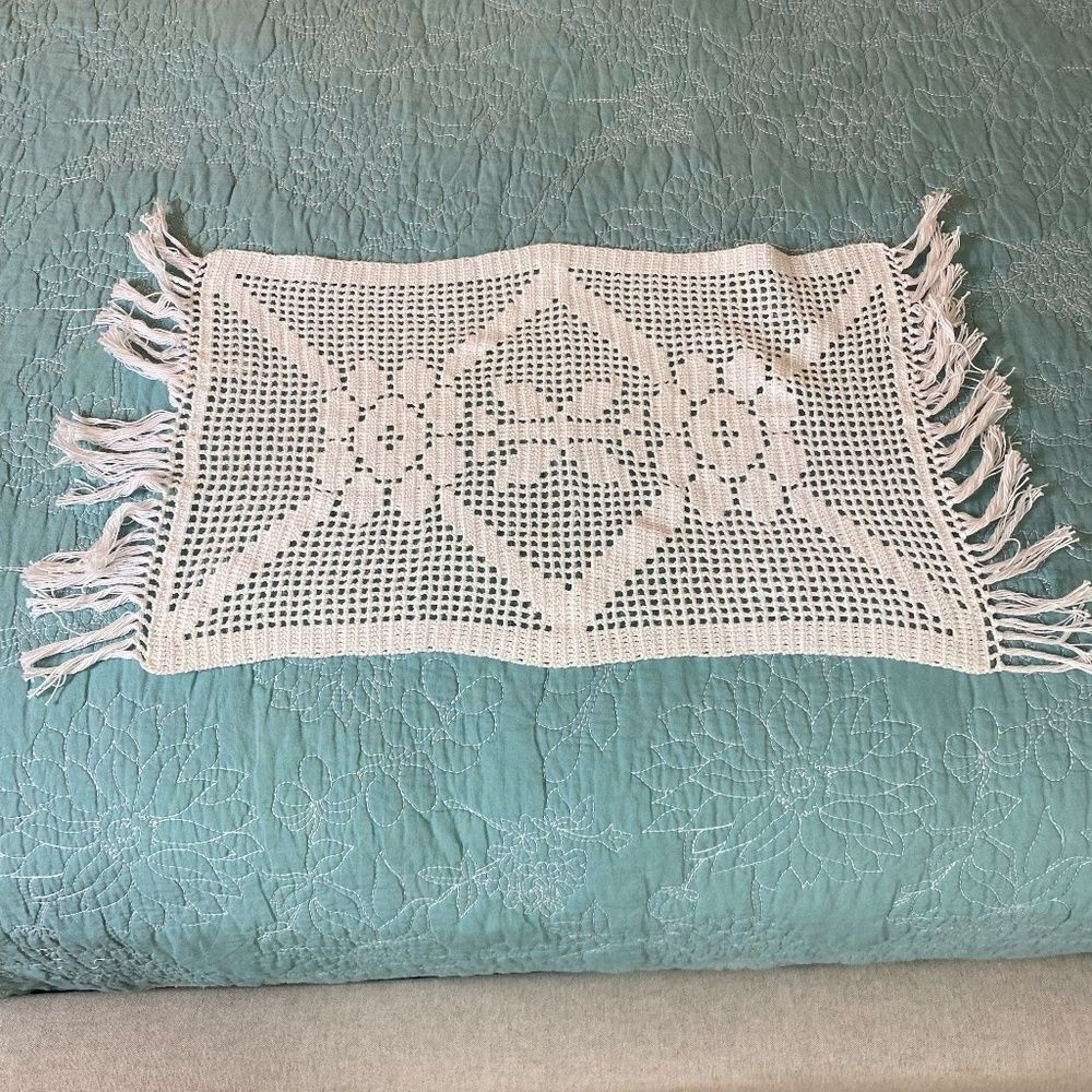 Table Topper hand made crochet cream with fringe Doily rectangle